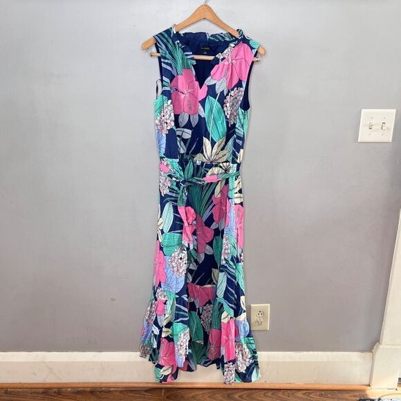 Women’s Talbots Colorful Floral Voile Hibiscus Maxi Dress‎ with Belt Size 8 - Picture 1 of 5